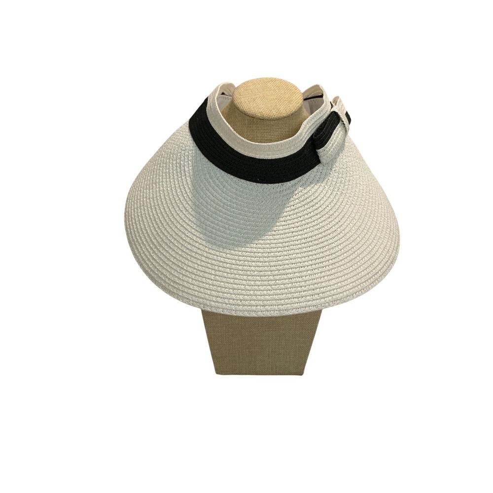 Magid Hats Sun Visor Womens OS‎ Cream Black Straw Wide Brim Bow Detail